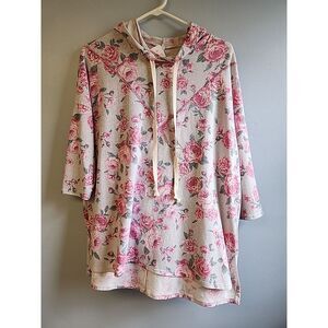 HoneyMe Women's Top S Hoodie Roses Gray Pink Soft Stretch Lightweight 3/4 Sleeve